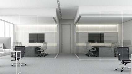 Poster - modern Contemporary spacious office room interior with city view and daylight. Workplace design concept with carpet floor and office furniture meeting room working area. 3D Rendering animation looped