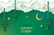 Selamat Hari Raya Aidilfitri greeting card. Vector illustration. Hanging ketupat and crescent with stars, paper cut clouds on green background. Caption: Fasting Day of Celebration