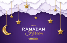 Ramadan Kareem Horizontal Sale Header Or Voucher Template With Gold Moon, 3d Paper Cut Clouds And Stars On Night Sky Violet Background. Vector Illustration. Place For Text.