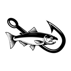 Wall Mural - Salmon and fishing hook. Design element for emblem, sign, badge, logo. Vector illustration