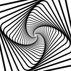 Poster - Twisted black lines turning into a vector 3d tunnel from a geometric shape. Abstract white background graphic spiral.