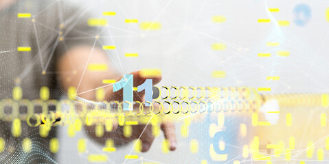 Poster - abstract lines with dots over dark background.
