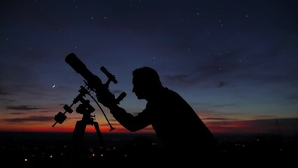 Wall Mural - silhouette of a man, telescope and countryside under evening starry twinkling skies.