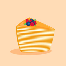 Piece Of Honey Cake Decorated With Berries. Vector Illustration. Cake Slice With Many Layers.