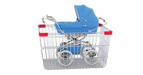 Poster - Stroller adding to shopping basket, 3d animation. 3D rendering isolated on white background