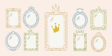 Princess Mirrors With Crown Or Tiara Line Vector Illustration Set. Fairytale Frames And Magic Decorative Borders Collection For Girls. Outline Baby Queen Decor. Vintage Royal Element For Laser Cut