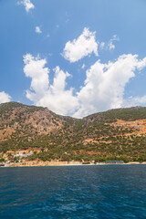 Wall Mural - beautiful harbour view with the boats in Kas marina of Turkey. Blue sky and turquoise sea