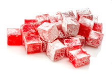 Jelly Bites Sweet, Fruit Flavored Confectionery Coated With Powdered Sugar. Toffee Candied Fruit Cubes. Delicious Fruity Soft Eating Cherry Bonbons Turkish 