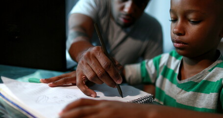 Father mentoring son, dad helping kid with homework study