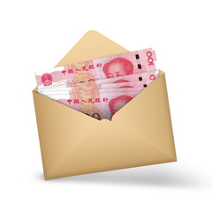 Chinese yuan notes inside an open brown envelope. 3D illustration of money in an open envelope