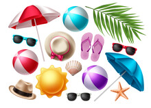 Summer Beach Elements Vector Set. Summer Colorful Objects Collection For Outdoor Trip Vacation Isolated In White Background Design. Vector Illustration. 
