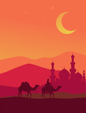 Man Riding Camel With Mosque In The Desert Background