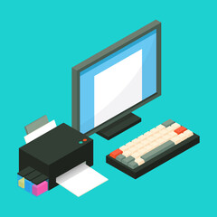 Wall Mural - Work on documents on computer and print it isometric 3D vector illustration