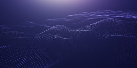 Poster - abstract glowing virtual neural network. particles form line and surface grid. microcosm or space. b