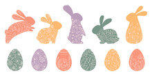 Set Silhouette Easter Eggs And Rabbit With Flowers In Flat Style. Illustration Colorful Hare And Eggs In Pastel Colors. Vector