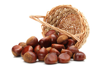 Wall Mural - Fresh chestnuts on white background