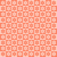 Aufkleber - Checkerboard monochrome seamless pattern with red geometric shaped flowers. Colorful vector background in retro style 60s, 70s. 
