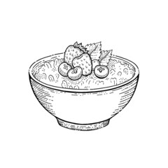 Oat bowl. Oatmeal sketch vector porridge. Breakfast cereal oat illustration. Granola meal with fruit strawberry milk yogurt. Healthy food icon. Oatmeal corn muesli vintage drawing. Doodle cup plate