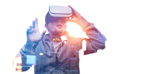 Poster - Businessman in casual wear is wearing vr helmet. Geometrical fig