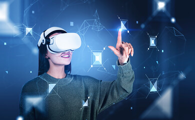 Poster - Businesswoman in casual wear is wearing vr helmet