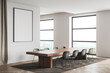 Light office room with modern furniture, panoramic window, mockup frame