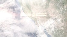 Earth Zoom In From Outer Space To City. Zooming On Pomona, California, USA. The Animation Continues By Zoom Out Through Clouds And Atmosphere Into Space. Images From NASA