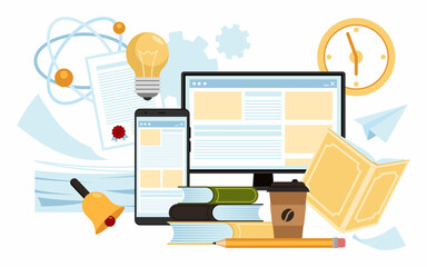 Online service or platform for online education, distance education, scientific research, internet publishing, blog, review and library. Flat vector illustration.