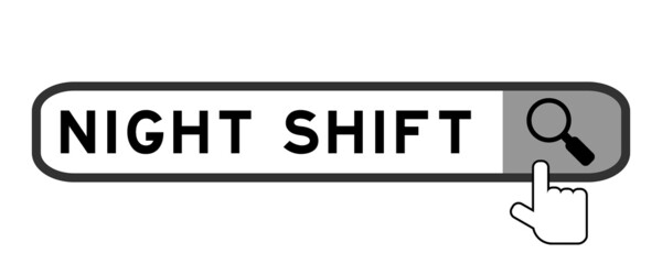 Sticker - Search banner in word night shift with hand over magnifier icon on white background