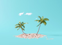 Coconut Trees With Beach Sand On Blue Background. Summer Concept. 3d Rendering