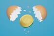 3D rendering Eggs cracked with gold Bitcoin BTC, Cryptocurrency new investment technology digital money concept design on blue background with copy space