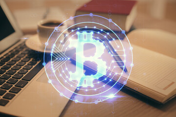 Aufkleber - Double exposure of crypto technology drawing and desktop with coffee and items on table background. Concept of blockchain