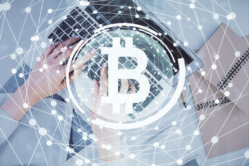 Poster - Double exposure of woman hands working on computer and blockchain theme hologram drawing. Top View. bitcoin cryptocurrency concept.