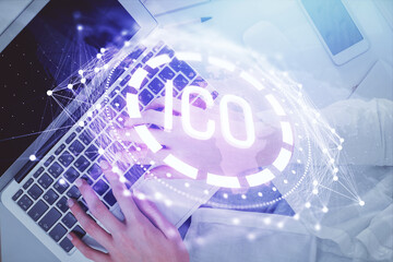 Poster - Double exposure of woman hands working on computer and blockchain theme hologram drawing. Top View. bitcoin cryptocurrency concept.
