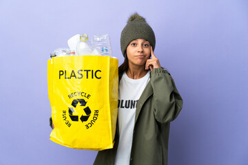 Poster - Young woman holding a bag full of plastic thinking an idea