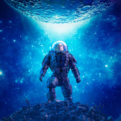 Wall Mural - beneath the moonrise - 3d illustration of science fiction scene showing astronaut viewing rising moo