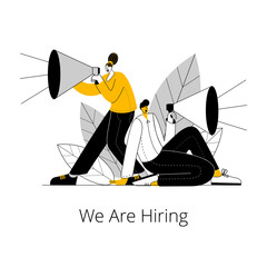 Aufkleber - a man and a woman are shouting through megaphones. vector illustration in outline style on the topic