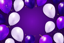 Happy Birthday Congratulations Banner Design With Confetti, Balloons And Glossy Glitter Ribbon For Party Holiday Background. Vector Illustration