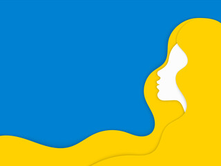 Wall Mural - Young girl with long hair. Yellow and blue colors. Vector illustration