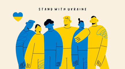 Group of brave people. Friends are standing, hugging together. Cartoon characters. Ukrainian flag colors. Stand with Ukraine. Save Ukraine from russia. Stop war. Hand drawn modern Vector illustration