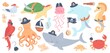 Cute pirate animals with captain hat, marine animal characters in pirates costumes. Octopus, seahorse, shark, turtle, dolphin, underwater creatures, sea adventure elements vector set