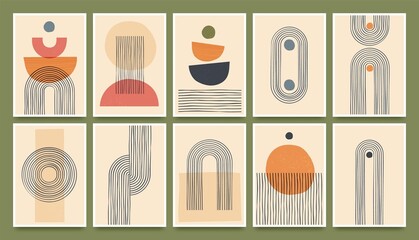 Leinwandbilder - Contemporary geometric posters with shapes, circles and line. Trendy minimalist print covers with hand drawn graphic elements, modern boho style poster vector set