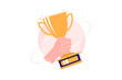 Hand hold trophy vector illustration on white background. Hand holding Gold Trophy Cup. Winner trophy award. First place.