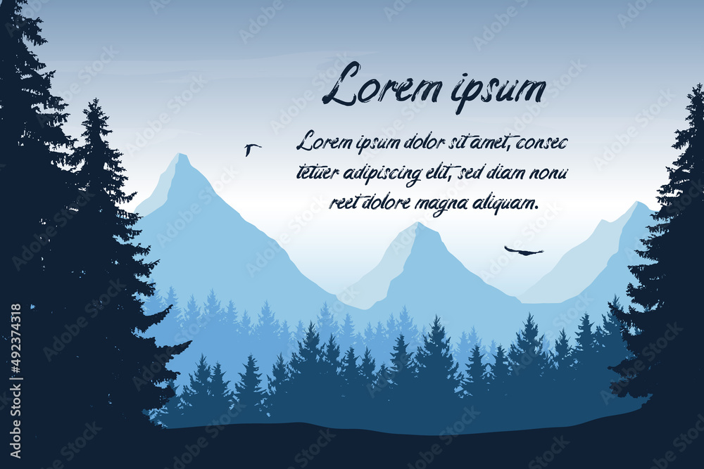 Flat design illustration of landscape with forest, mountains and flying ...