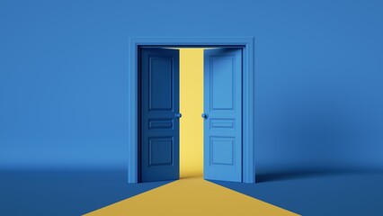 3d render, abstract modern minimal background with yellow light going through the opening double doors. Architectural design element. Opportunity metaphor
