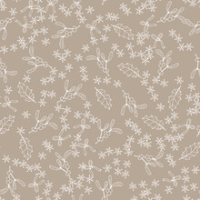 Christmas Seamless Pattern With Holly And Mistletoe Leaves And Berries