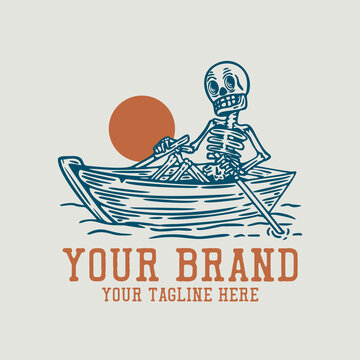 skeleton on the boat vintage t shirt design template