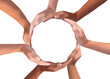 © Gan - Conceptual symbol of multiracial human hands making a circle on white background with a copy space in the middle