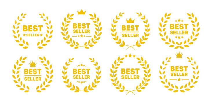 Best seller yellow wreath icon set. Template for awards, badges, quality marks and certificates. Vector EPS 10