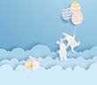 Happy Easter in paper cut style with rabbit and easter egg on the sky. For Easter day, invitation, greeting card, posters and wallpaper. Vector illustration.