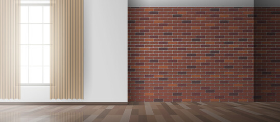 Wall Mural - modern interior empty room with brick wall  window curtains wooden floor mock up vector illustration